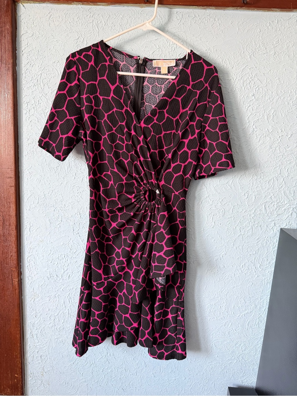 Michael Kors Black and Magenta Patterned Twist-Front Mini Dress